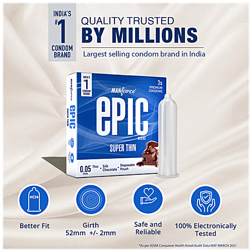 Manforce Condoms Epic Desire - Super Thin Premium Condoms, For Men, Silk Chocolate Flavour, Disposable Pouch, 3 pcs  