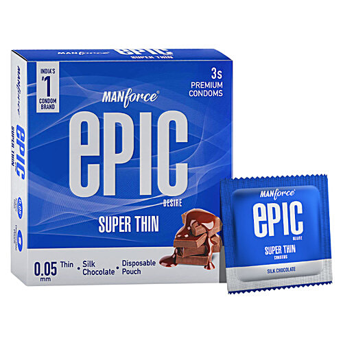 Manforce Condoms Epic Desire - Super Thin Premium Condoms, For Men, Silk Chocolate Flavour, Disposable Pouch, 3 pcs  