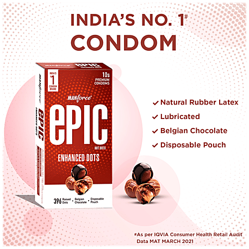 Manforce Condoms Epic Hot Dots - Enhanced Dotted Premium Condoms, For Men, With 396 Raised Dots, Belgian Chocolate Flavour, Disposable Pouch, 10 pcs