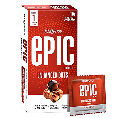 Manforce Condoms Epic Hot Dots - Enhanced Dotted Premium Condoms, For Men, With 396 Raised Dots, Belgian Chocolate Flavour, Disposable Pouch, 10 pcs