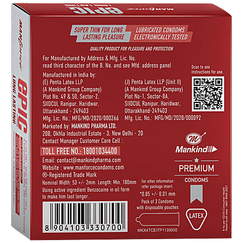 Manforce Condoms Epic Pleasure - Long Lasting Premium Condoms, For Men, Super Thin, Raspberry Flavour, Disposable Pouch, 3 pcs  