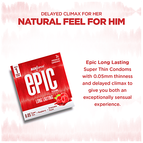 Manforce Condoms Epic Pleasure - Long Lasting Premium Condoms, For Men, Super Thin, Raspberry Flavour, Disposable Pouch, 3 pcs  