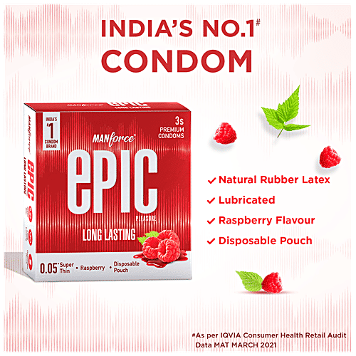 Manforce Condoms Epic Pleasure - Long Lasting Premium Condoms, For Men, Super Thin, Raspberry Flavour, Disposable Pouch, 3 pcs  