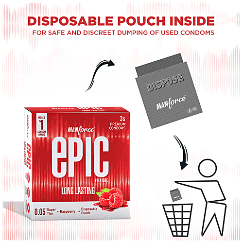 Manforce Condoms Epic Pleasure - Long Lasting Premium Condoms, For Men, Super Thin, Raspberry Flavour, Disposable Pouch, 3 pcs  