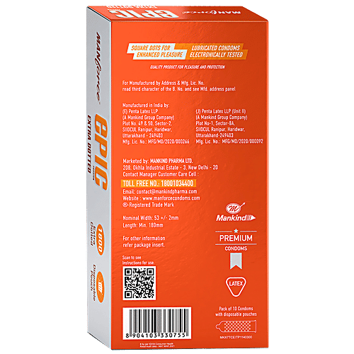 Manforce Condoms Epic Passion - Extra Dotted Premium Condoms, For Men, With 1800 Square Dots, Fruit Punch Flavour, Disposable Pouch, 10 pcs