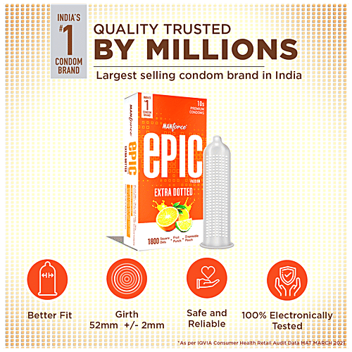 Manforce Condoms Epic Passion - Extra Dotted Premium Condoms, For Men, With 1800 Square Dots, Fruit Punch Flavour, Disposable Pouch, 10 pcs