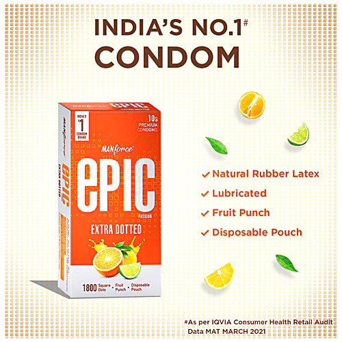 Manforce Condoms Epic Passion - Extra Dotted Premium Condoms, For Men, With 1800 Square Dots, Fruit Punch Flavour, Disposable Pouch, 10 pcs