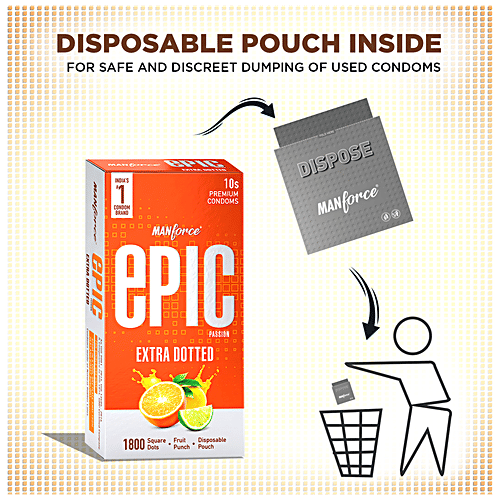 Manforce Condoms Epic Passion - Extra Dotted Premium Condoms, For Men, With 1800 Square Dots, Fruit Punch Flavour, Disposable Pouch, 10 pcs