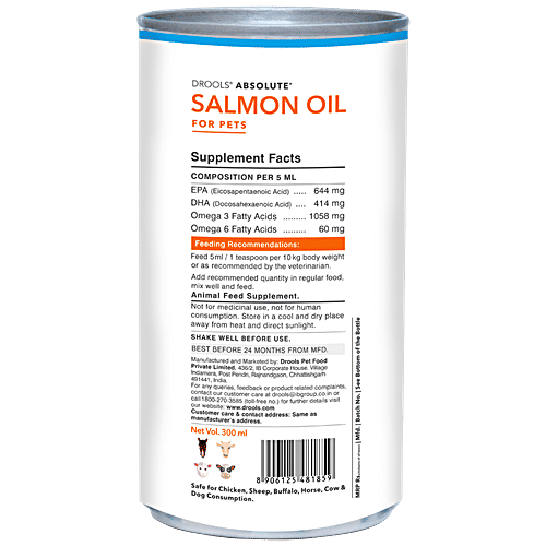 Drools Absolute Salmon Oil - Dog Supplement, Supports Healthy Coat & Heart, For All Breeds, 300 ml Jar