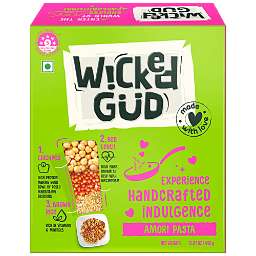 WickedGud Amori Pasta - Goodness Of Chickpea, Red Lentil & Brown Rice, High Protein & Fibre, 450 g  