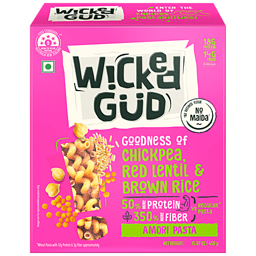 WickedGud Amori Pasta - Goodness Of Chickpea, Red Lentil & Brown Rice, High Protein & Fibre, 450 g  
