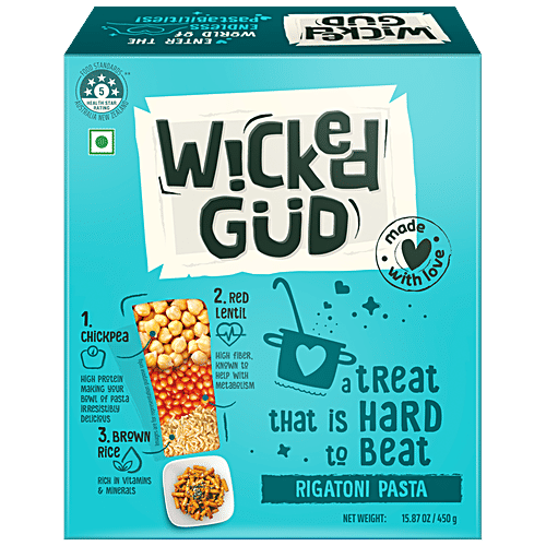 WickedGud Rigatoni Pasta - Goodness Of Chickpea, Red Lentil & Brown Rice, High Protein & Fibre, 450 g  