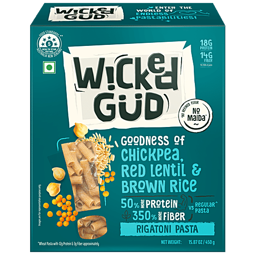 WickedGud Rigatoni Pasta - Goodness Of Chickpea, Red Lentil & Brown Rice, High Protein & Fibre, 450 g  