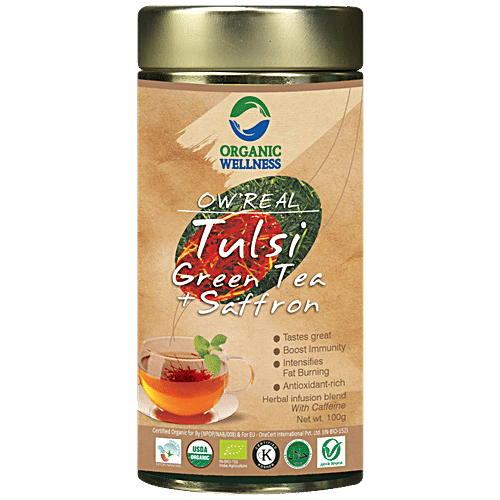 Organic Wellness Tulsi Green Tea & Saffron - Relieves Stress, Antioxidant Rich, 100 g Tin 