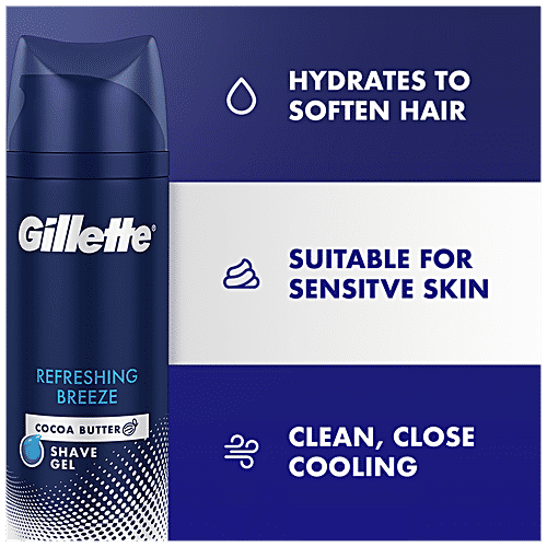 Gillette Refreshing Breeze Shave Gel - Cocoa Butter, Soothes, Hydrates & Protects Skin, 195 g Bottle 