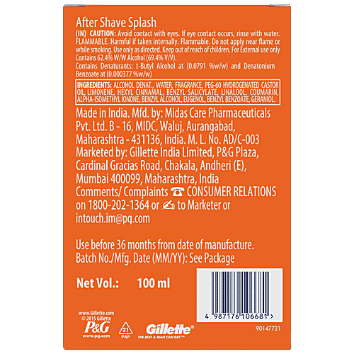 Gillette Pro After Shave Splash - Icy Cool, Soothes & Tone Skin, Provides Relief, Fresh Fragrance, 100 ml
