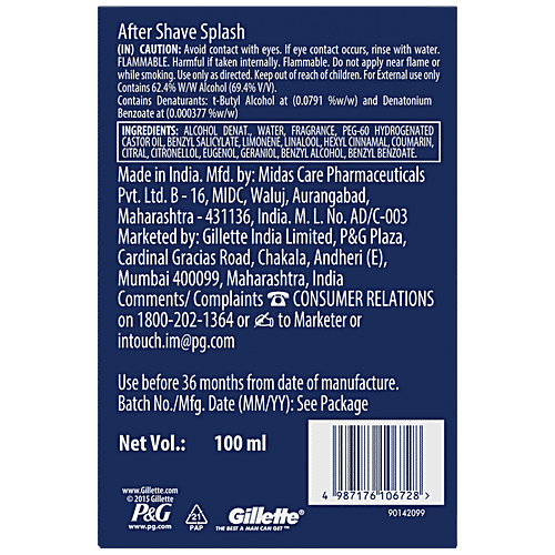 Gillette After Shave Splash - Refreshing Breeze, Long-lasting Fragrance, Tones The Skin, 100 ml  