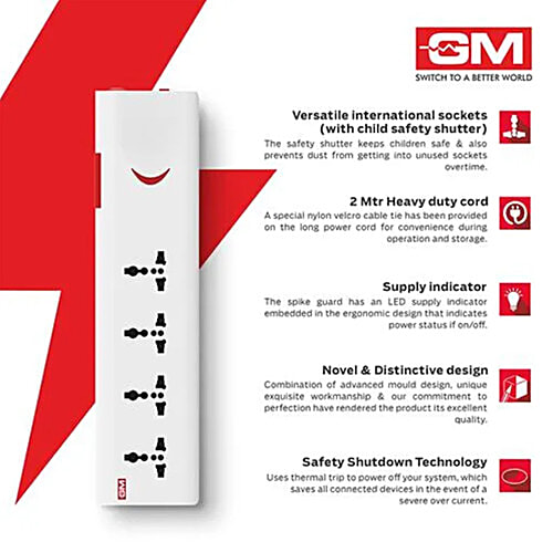 GM 4+1 E Book Power Strip - Polycarbonate, 3060, 2 mtr, 1 pc