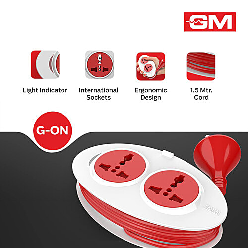 GM G-On Mini 3 Pin Extension Cord 1.5 M With Indicator Safety Shutter & 2 International Sockets, 1 pc Light Indicator, International Sockets, Ergonomic Design