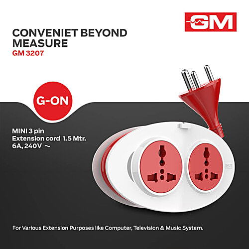 GM G-On Mini 3 Pin Extension Cord 1.5 M With Indicator Safety Shutter & 2 International Sockets, 1 pc Light Indicator, International Sockets, Ergonomic Design