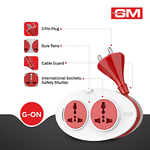 GM G-On Mini 3 Pin Extension Cord 1.5 M With Indicator Safety Shutter & 2 International Sockets, 1 pc Light Indicator, International Sockets, Ergonomic Design