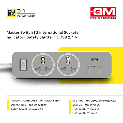 Buy GM Cuba Power Strip Polycarbonate, 3262, 1.8 mtr, 5 V Online at
