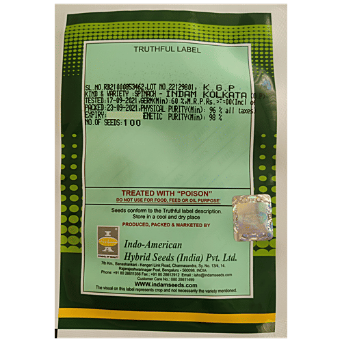 Indo American Hybrid Seeds (India) Pvt. Ltd. Spinach Indam Kolkata OP Seeds - High Yield, For Farms, Kitchen Garden, 1 pc 100 Seeds 