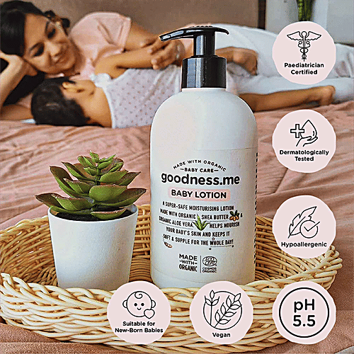 Goodnessme Organic Moisturizing Baby Lotion - For Face & Body, Pediatrician Certified, Hypoallergenic, 400 ml  