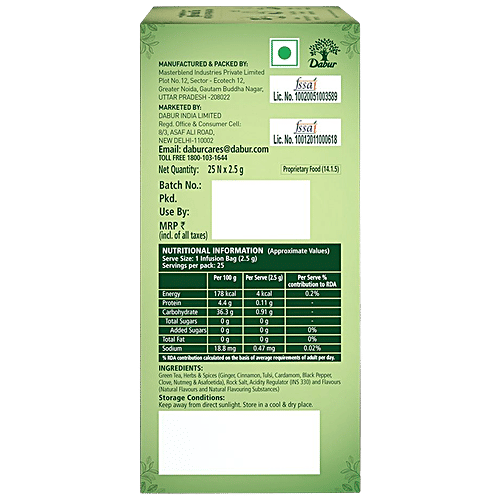 Dabur Vedic Green Tea - Detox Kahwa, 8 Real Ayurvedic Herbs & Rock Salt, Improves Digestion, 62.5 g (25 Tea Bags x 2.5 g Each) Zingy, Spicy Taste