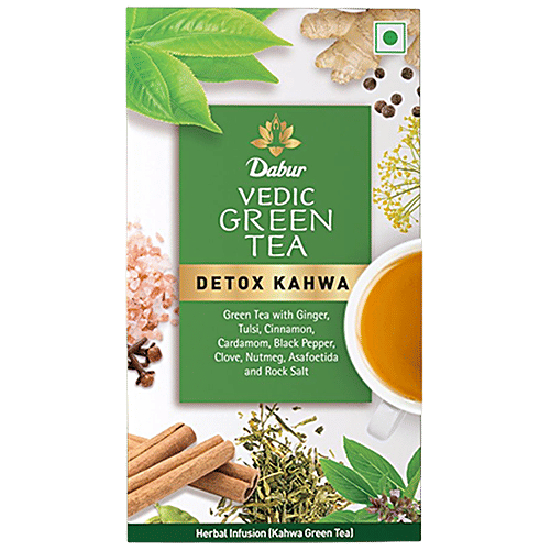 Dabur Vedic Green Tea - Detox Kahwa, 8 Real Ayurvedic Herbs & Rock Salt, Improves Digestion, 62.5 g (25 Tea Bags x 2.5 g Each) Zingy, Spicy Taste