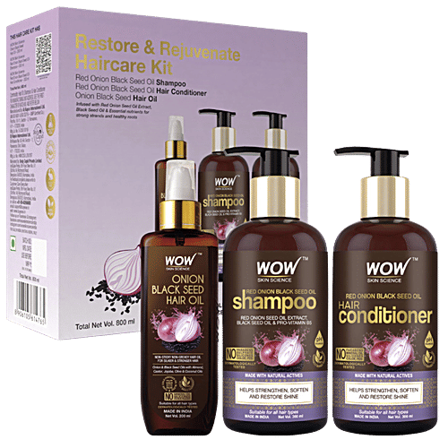 Wow Skin Science Onion Black Seed Ultimate Hair Care Kit - Shampoo + Conditioner + Hair Oil, 3 pcs (Shampoo, 300ml + Conditioner, 300ml + Oil, 200ml) 