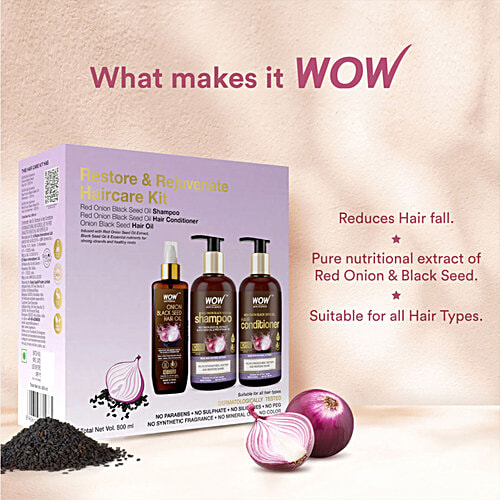Wow Skin Science Onion Black Seed Ultimate Hair Care Kit - Shampoo + Conditioner + Hair Oil, 3 pcs (Shampoo, 300ml + Conditioner, 300ml + Oil, 200ml) 