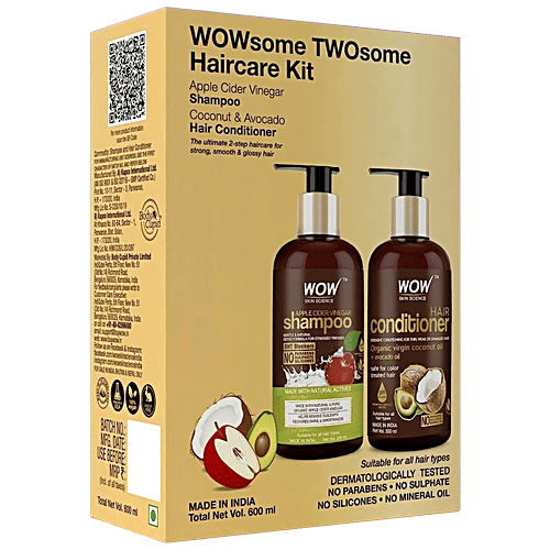 Wow Skin Science Wowsome Twosome Hair Care Combo Kit - Apple Cider Vinegar Shampoo + Coconut, Avocado Oil & Wheat Protein Conditioner, 2 pcs (300 ml each) 
