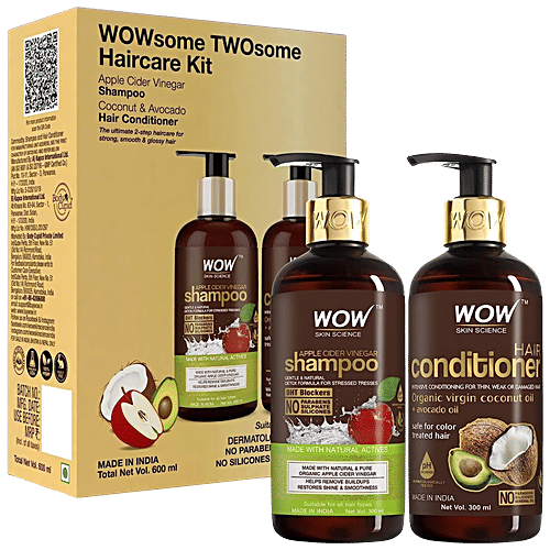 Wow Skin Science Wowsome Twosome Hair Care Combo Kit - Apple Cider Vinegar Shampoo + Coconut, Avocado Oil & Wheat Protein Conditioner, 2 pcs (300 ml each) 