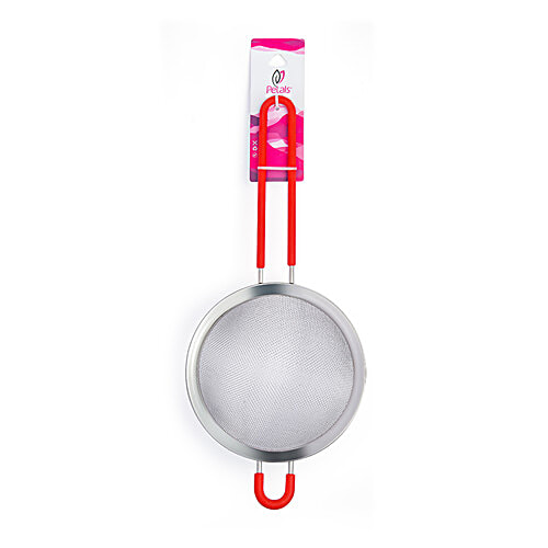 Petals Steel Juice/Soup/Vegetable Strainer With Silicone Grip Handle - 14 Cm, Red, Kitchen Essential, 1 pc  