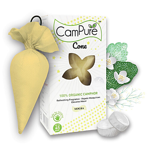 Campure Air Freshener Cone  - Mogra & Camphor Refreshing Fragrance, Repels Mosquitoes, Elevates Mood, 60 g  Organic Camphor
 Refreshing Fragrance
 Repels Mosquitoes
 Elevates Mood