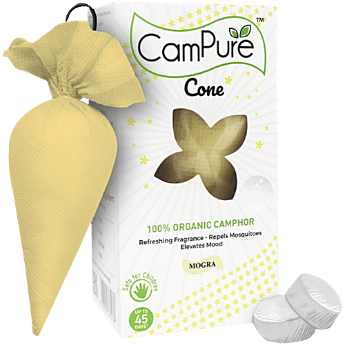 Campure Air Freshener Cone  - Mogra & Camphor Refreshing Fragrance, Repels Mosquitoes, Elevates Mood, 60 g  Organic Camphor
 Refreshing Fragrance
 Repels Mosquitoes
 Elevates Mood