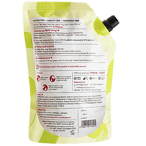 Plum BodyLovin’ Drivin’ Me Cherry Shower Gel Refill Pack - Acai Extract, Vegan, Cruelty-Free, 500 ml  