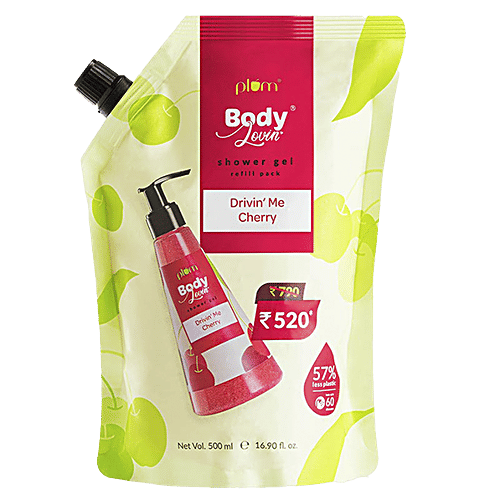 Plum BodyLovin’ Drivin’ Me Cherry Shower Gel Refill Pack - Acai Extract, Vegan, Cruelty-Free, 500 ml  