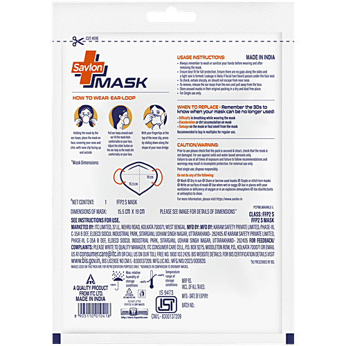 Savlon Adjustable Ear Loops & Nose Foam Pad - BIS Certified FFP2 S Mask Comparable To N95, Black, 1 pc 95% Protection From Particle Aerosols, Advanced Five Layer Mask, Tested For Breathing and Comfort