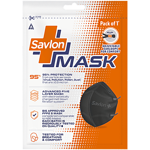 Savlon Adjustable Ear Loops & Nose Foam Pad - BIS Certified FFP2 S Mask Comparable To N95, Black, 1 pc 95% Protection From Particle Aerosols, Advanced Five Layer Mask, Tested For Breathing and Comfort