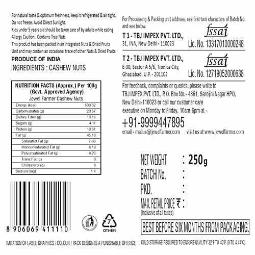 Jewel Farmer Cashew Nuts - Rich In Fibre & Vitamin, 250 g  