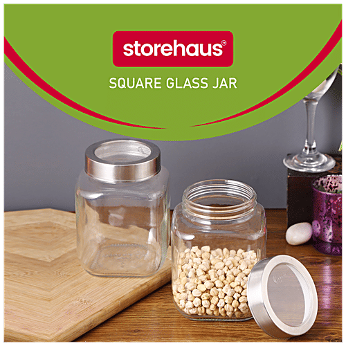 STOREHAUS Square Storage Jar - Clear Glass, Transparent, Multipurpose, For Kitchen Use, 1 L (Set of 2) 