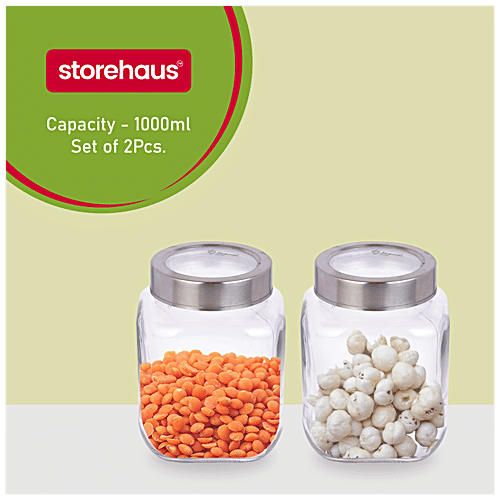 STOREHAUS Square Storage Jar - Clear Glass, Transparent, Multipurpose, For Kitchen Use, 1 L (Set of 2) 