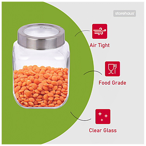 STOREHAUS Square Storage Jar - Clear Glass, Transparent, Multipurpose, For Kitchen Use, 1 L (Set of 2) 