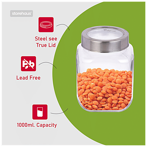 STOREHAUS Square Storage Jar - Clear Glass, Transparent, Multipurpose, For Kitchen Use, 1 L (Set of 2) 