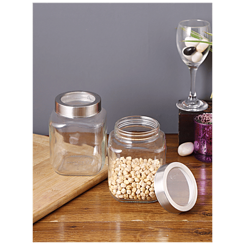 STOREHAUS Square Storage Jar - Clear Glass, Transparent, Multipurpose, For Kitchen Use, 1 L (Set of 2) 