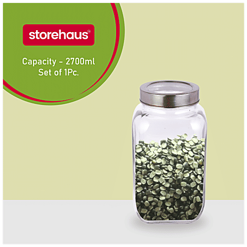STOREHAUS Square Storage Jar - Clear Glass, Transparent, Multipurpose, For Kitchen Use, 2.7 L (1 pc) 