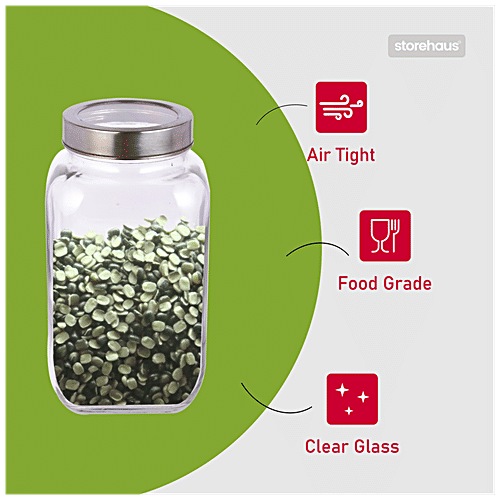 STOREHAUS Square Storage Jar - Clear Glass, Transparent, Multipurpose, For Kitchen Use, 2.7 L (1 pc) 