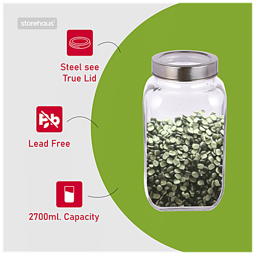 STOREHAUS Square Storage Jar - Clear Glass, Transparent, Multipurpose, For Kitchen Use, 2.7 L (1 pc) 
